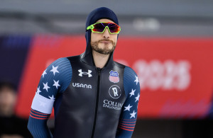 <p>HAMAR, NORWAY - MARCH 16: Emery Lehman of United States of America reacts during the ISU World Speed Skating Single Distances Championships at Hamar Olympic Hall on March 16, 2025 in Hamar, Norway. (Photo by Christian Kaspar-Bartke - International Skating Union/International Skating Union via Getty Images)</p>