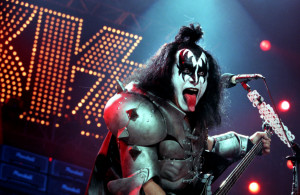 <p>Gene Simmons, member of the rock group KiSS, strikes his traditional pose. as the band performed at the Pond. (Photo by Glenn Koenig/Los Angeles Times via Getty Images)</p>