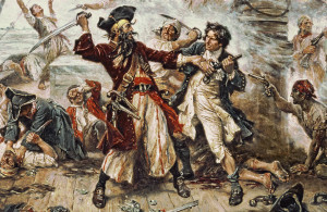 <p>SSI39781 The Capture of the Pirate Blackbeard, 1718 by Ferris, Jean Leon Gerome (1863-1930); Private Collection; American, out of copyright</p>
