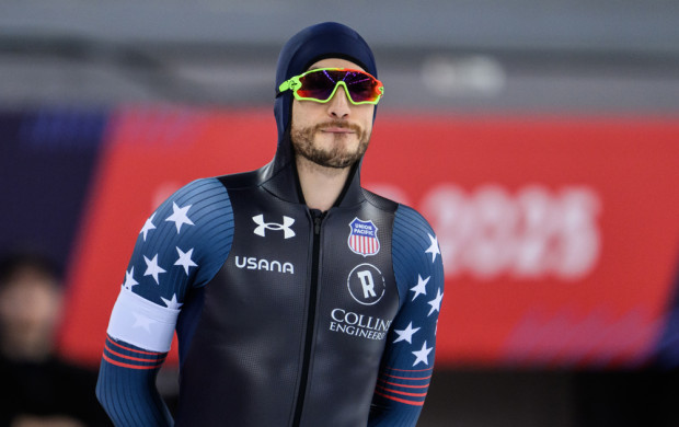 <p>HAMAR, NORWAY - MARCH 16: Emery Lehman of United States of America reacts during the ISU World Speed Skating Single Distances Championships at Hamar Olympic Hall on March 16, 2025 in Hamar, Norway. (Photo by Christian Kaspar-Bartke - International Skating Union/International Skating Union via Getty Images)</p>