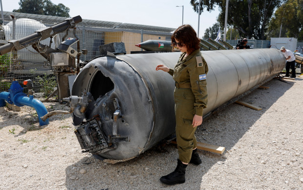 <p>Israel's military displays what they say is an Iranian ballistic missile which they retrieved from the Dead Sea after Iran launched drones and missiles towards Israel, at Julis military base, in southern Israel April 16, 2024. REUTERS/Amir Cohen</p>