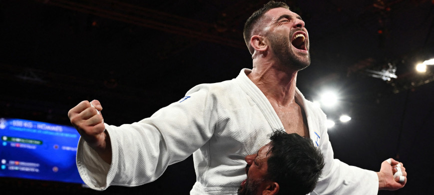 <p>Paris 2024 Olympics - Judo - Men -100 kg Contest for Bronze Medal A - Champ de Mars Arena, Paris, France - August 01, 2024. Peter Paltchik of Israel reacts after winning his bout against Daniel Eich of Switzerland. REUTERS/Arlette Bashizi TPX IMAGES OF THE DAY</p>